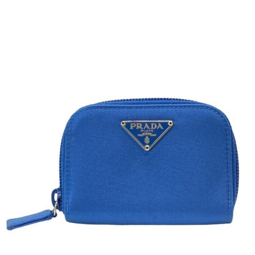 Prada 6-Link Key Case Compact Round Zipper With Triangle Logo Nylon Blue